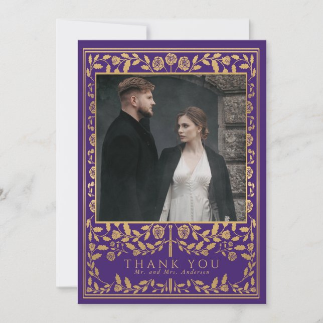Purple Royal Medieval Sword Wedding  Thank You Card (Front)