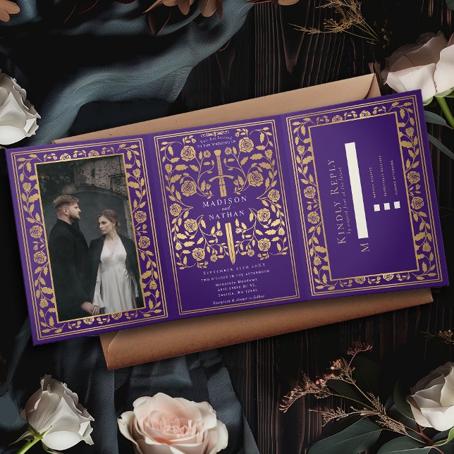 Purple Royal Medieval Sword Wedding Tri-Fold Invitation (Creator Uploaded)