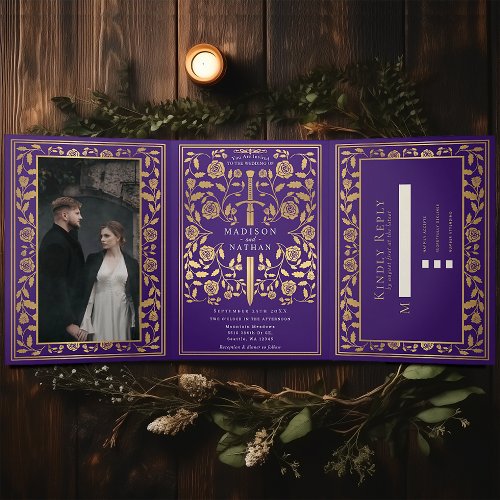 Purple Royal Medieval Sword Wedding Tri_Fold Invitation