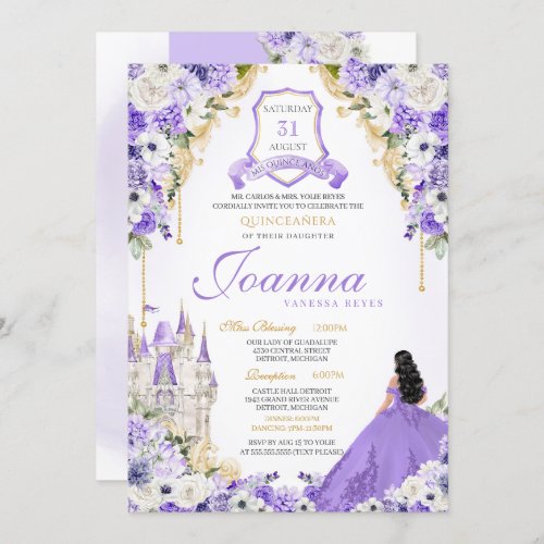 Purple Royal Princess Gold  Lavender Quinceanera Invitation