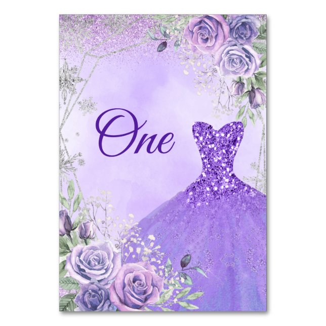 Purple Royale Christmas Princess Quinceañera Table Number (Front)
