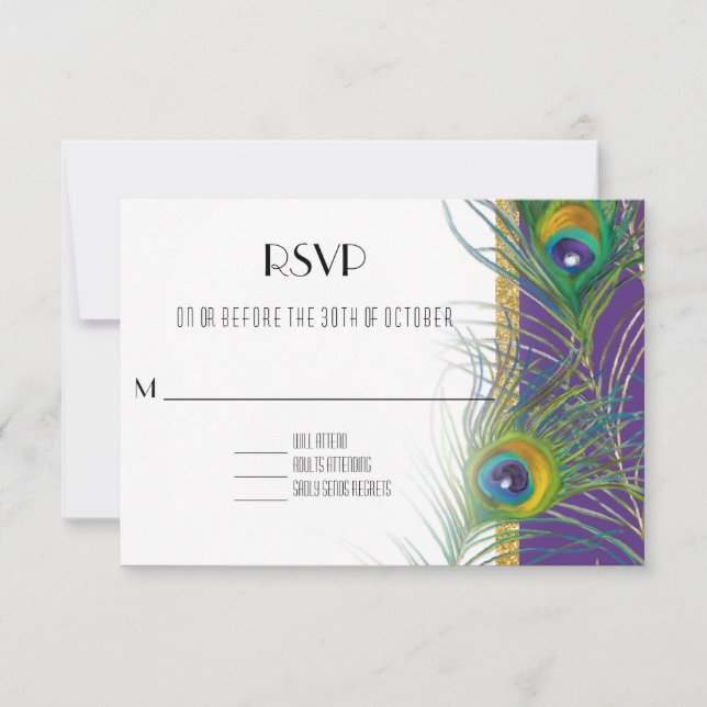 Purple RSVP Response Card Peacock Feathers Gold (Front)