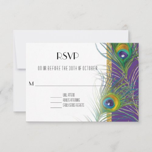 Purple RSVP Response Card Peacock Feathers Gold
