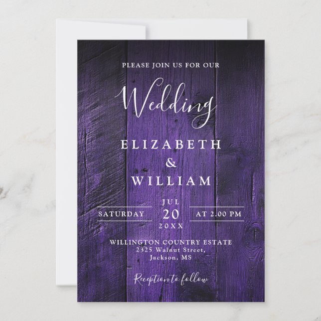 Purple Rustic Barn Wood All In One Wedding Invitation (Front)