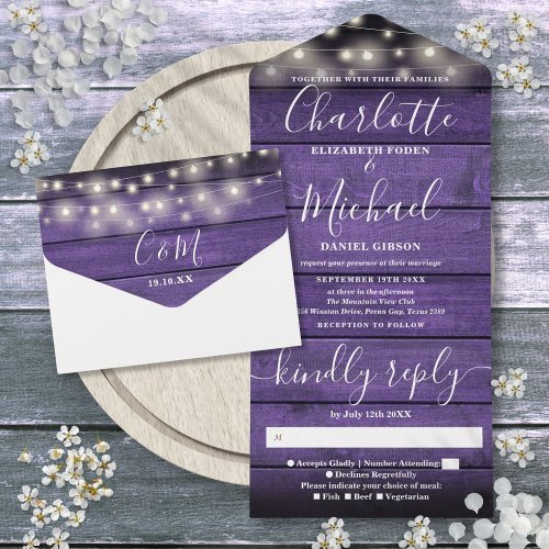 Purple Rustic Barn Wood String Lights Wedding All In One Invitation