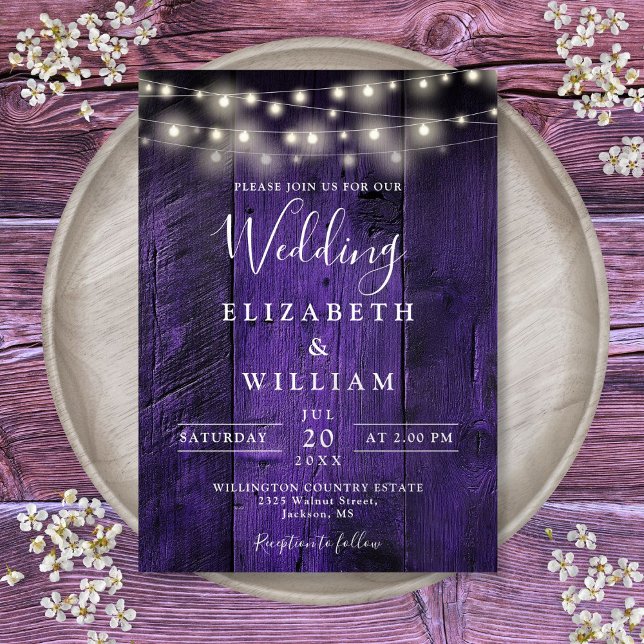 Purple Rustic Barn Wood String Lights Wedding Invitation (Purple Rustic Barn Wood String Lights Wedding Invitation)