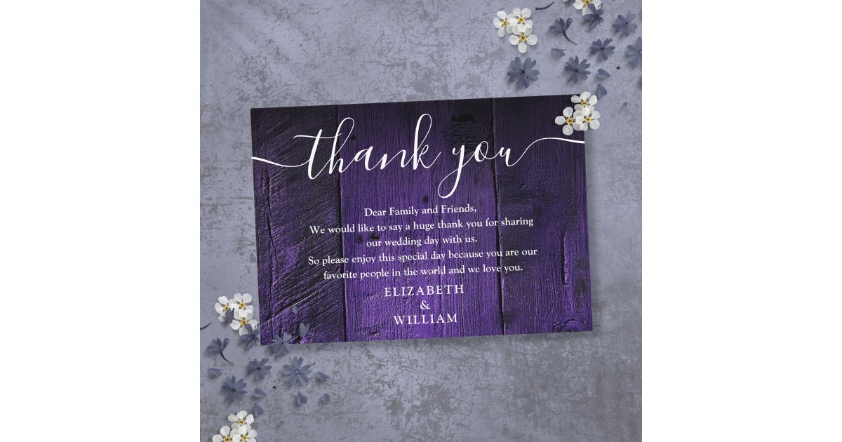 Purple Rustic Barn Wood Wedding Thank You Place Card | Zazzle