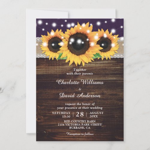 Purple Rustic Burlap and Lace Sunflower Wedding Invitation