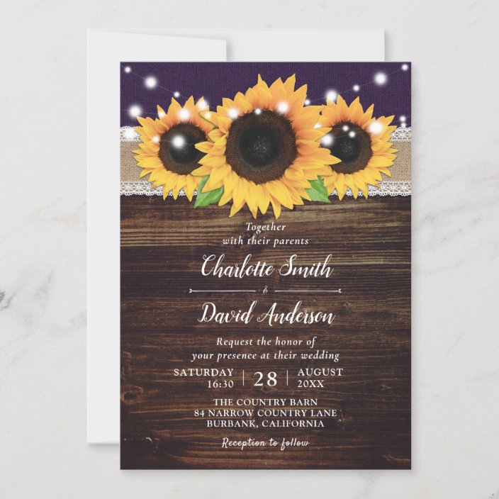 Purple Rustic Burlap and Lace Sunflower Wedding Invitation