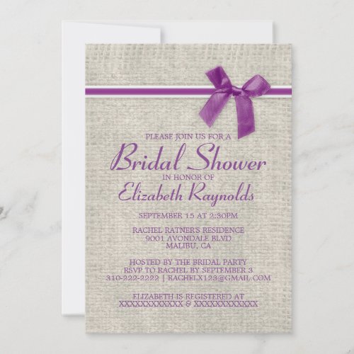 Purple Rustic Burlap Bridal Shower Invitations