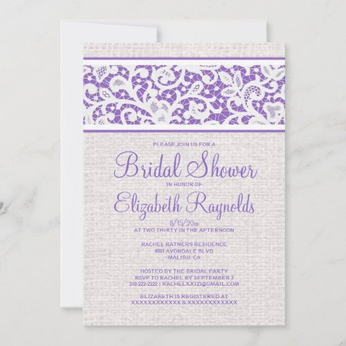 Purple Rustic Burlap Linen Bridal Shower Invites