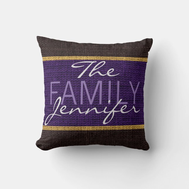 Purple Rustic Burlap Monogram Throw Pillow (Front)