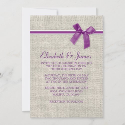 Purple Rustic Burlap Wedding Invitations