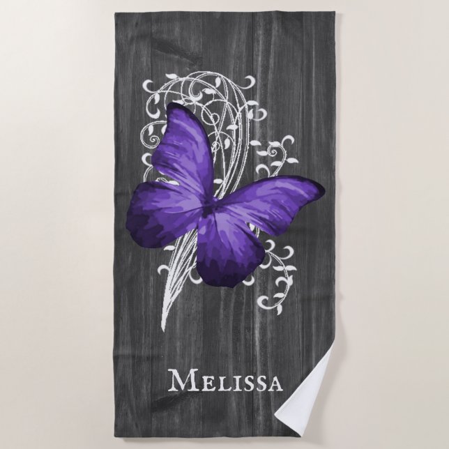 Purple Rustic Butterfly Personalized Beach Towel (Front)