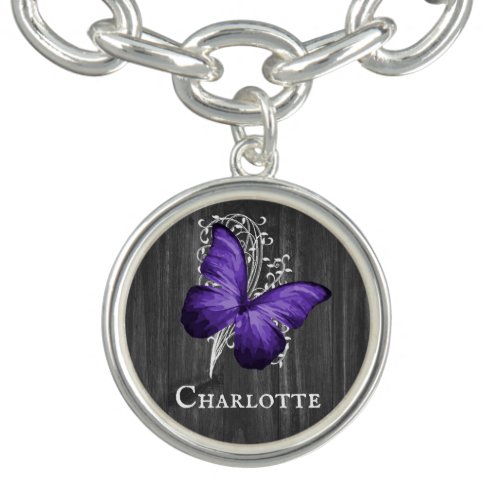 Purple Rustic Butterfly Personalized Bracelet