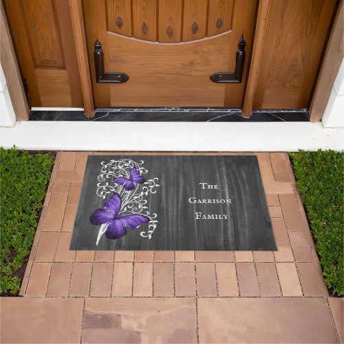 Purple Rustic Butterfly Personalized Doormat
