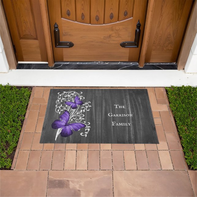 Purple Rustic Butterfly Personalized Doormat (Outdoor)