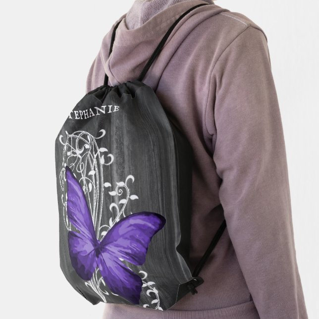 Purple Rustic Butterfly Personalized Drawstring Bag (Insitu)