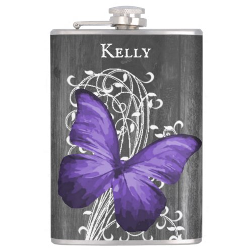 Purple Rustic Butterfly Personalized Flask