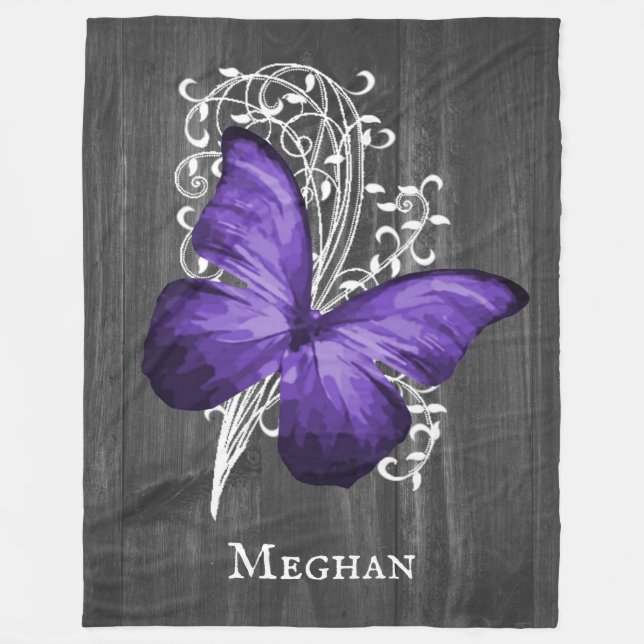 Purple Rustic Butterfly Personalized Fleece Blanket (Front)