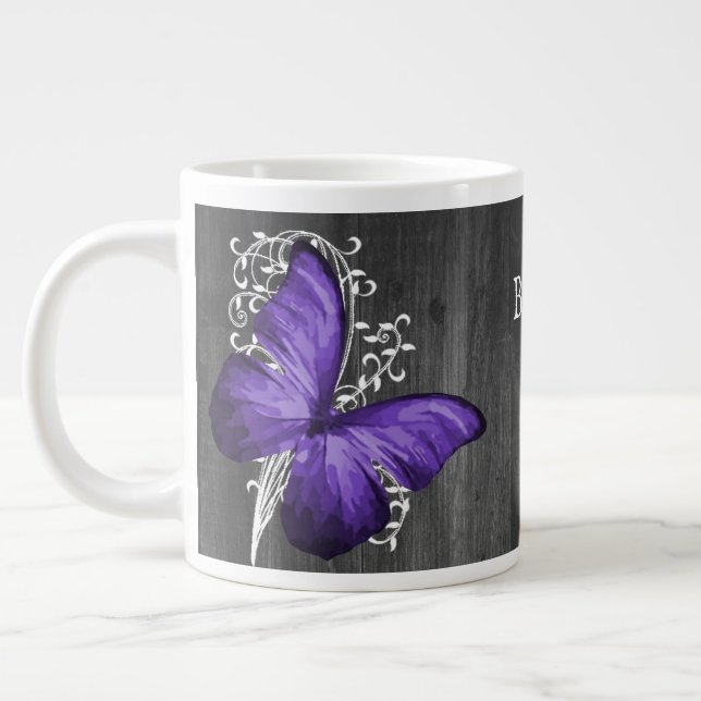 Purple Rustic Butterfly Personalized Giant Coffee Mug (Left)