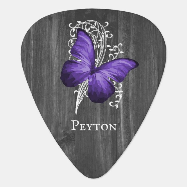 Purple Rustic Butterfly Personalized Guitar Pick (Front)