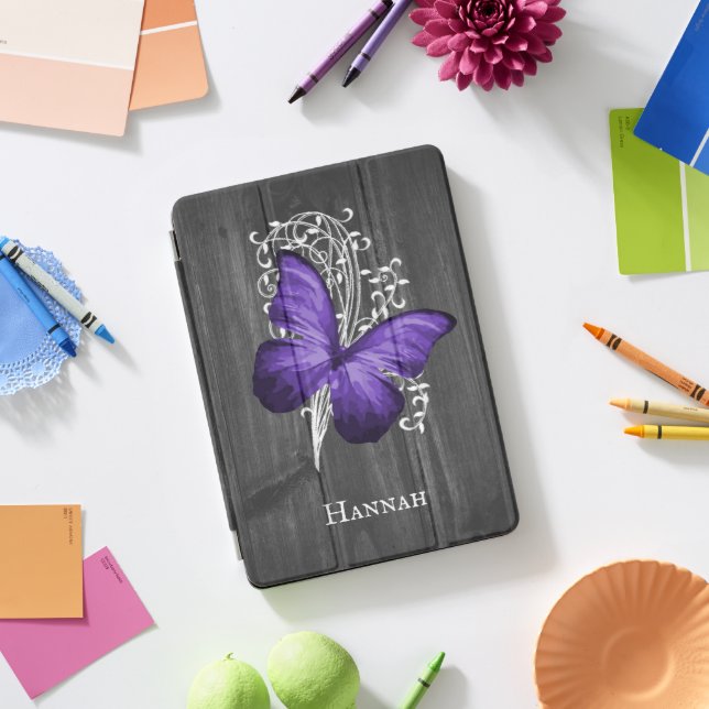 Purple Rustic Butterfly Personalized iPad Pro Cover (Desk)