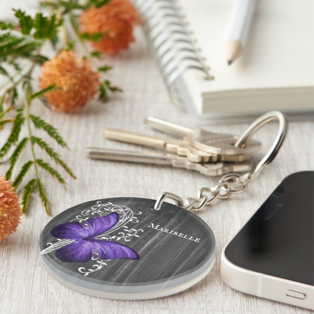 Purple Rustic Butterfly Personalized Keychain (Front Right)