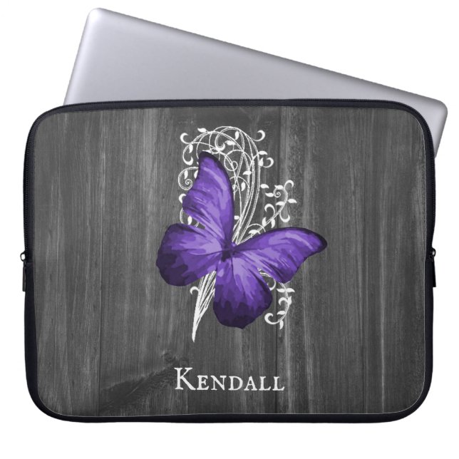 Purple Rustic Butterfly Personalized Laptop Sleeve (Front)