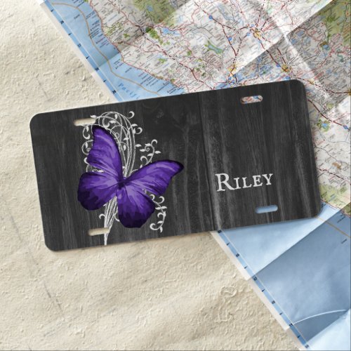 Purple Rustic Butterfly Personalized License Plate