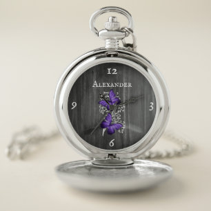 Purple Rustic Butterfly Personalized Pocket Watch