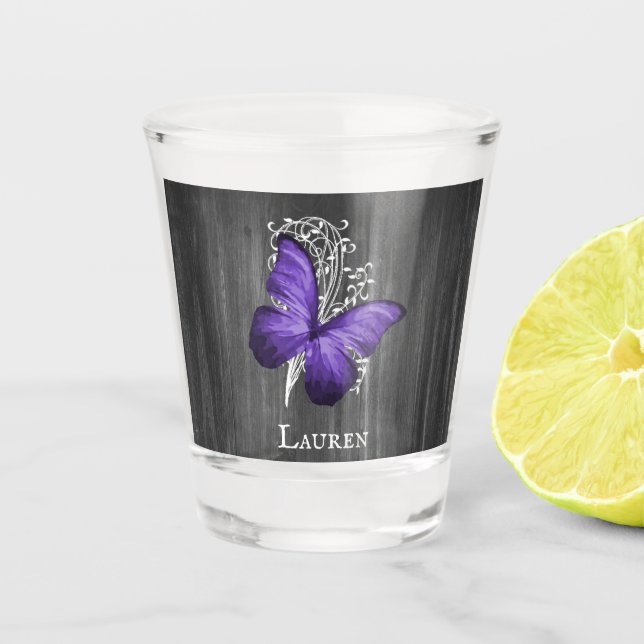 Purple Rustic Butterfly Personalized Shot glass (Front)