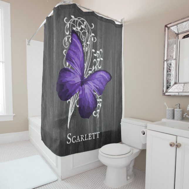 Purple Rustic Butterfly Personalized Shower Curtain (In Situ)