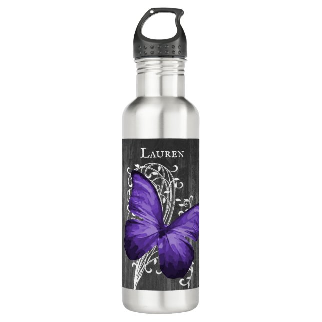 Purple Rustic Butterfly Personalized Stainless Steel Water Bottle (Front)