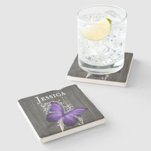 Purple Rustic Butterfly Personalized Stone Coaster