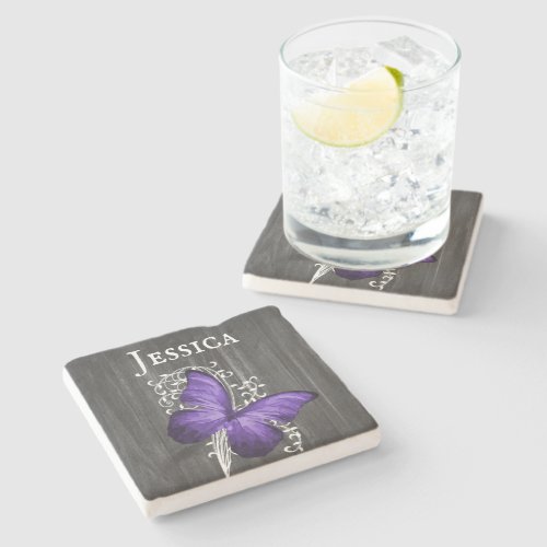 Purple Rustic Butterfly Personalized Stone Coaster