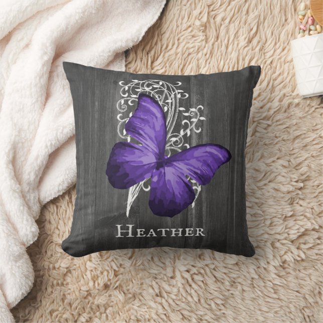 Purple Rustic Butterfly Personalized Throw Pillow (Blanket)