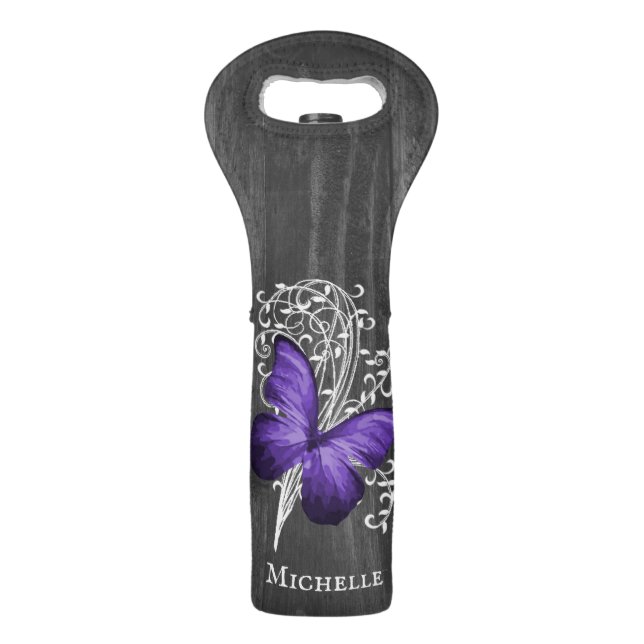 Purple Rustic Butterfly Personalized Wine Bag (Front)