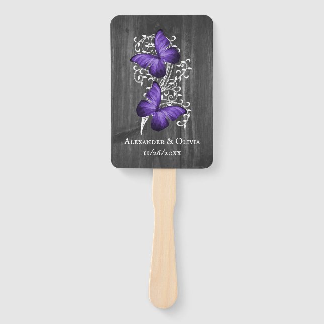 Purple Rustic Butterfly Wedding Favor Hand Fan (Front)