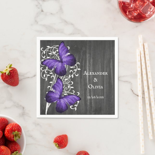 Purple Rustic Butterfly Wedding Napkins (Insitu)