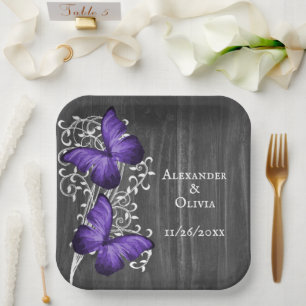 Purple Rustic Butterfly Wedding Paper Plates