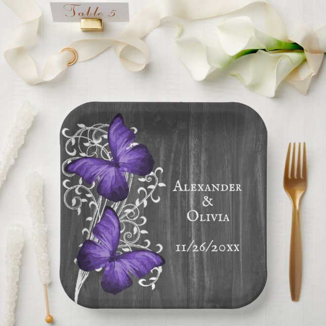 Purple Rustic Butterfly Wedding Paper Plates (Wedding)