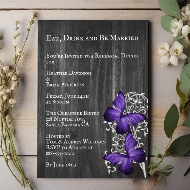 Purple Rustic Butterfly Wedding Rehearsal Dinner Invitation (Purple Rustic Butterfly Wedding Rehearsal Dinner Invitation)