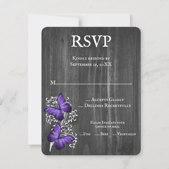 Purple Rustic Butterfly Wedding RSVP Card (Front)