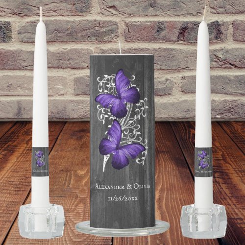 Purple Rustic Butterfly Wedding Unity Candle Set