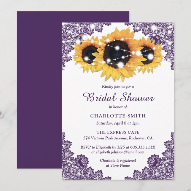 Purple Rustic Chic Lace Sunflower Bridal Invitation (Front/Back)
