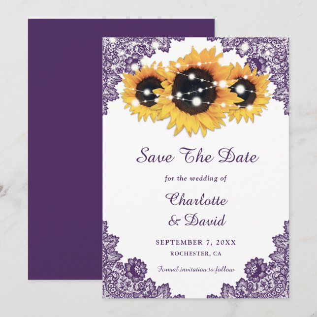 Purple Rustic Chic Lace Sunflower Save The Date (Front/Back)