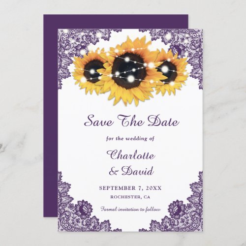 Purple Rustic Chic Lace Sunflower Save The Date