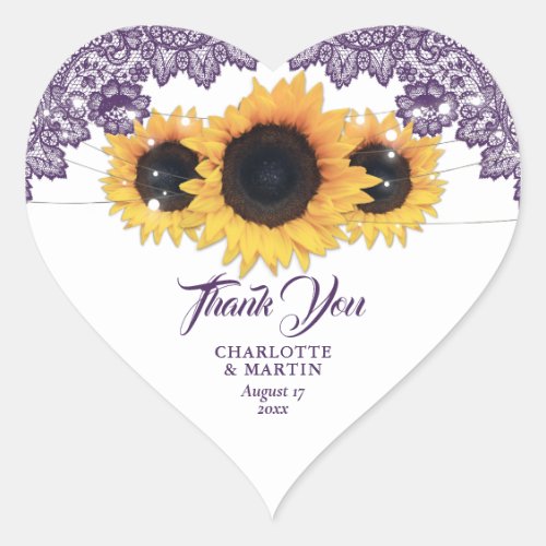 Purple Rustic Chic Lace Sunflower Wedding Heart Sticker