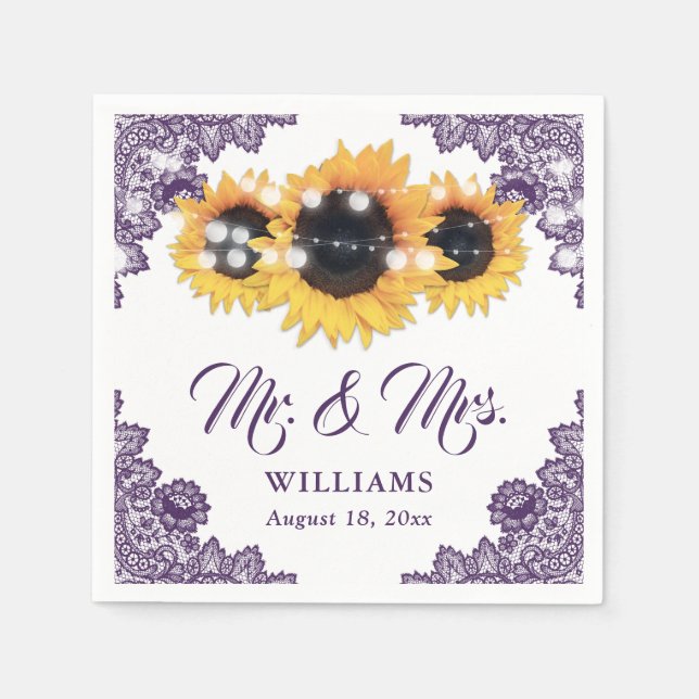 Purple Rustic Chic Lace Sunflower Wedding Napkins (Front)
